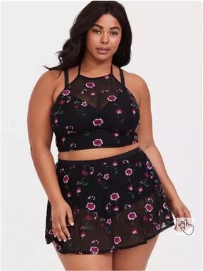Torrid Black Mesh High Neck with Embroidered Floral Detail Bikini Swim Top
